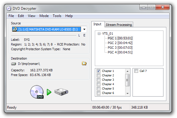 DVD Decrypter - Select chapter to extract.
