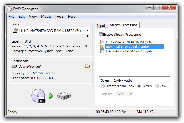 DVD Decrypter - Select stream to demux.