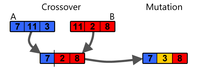 Crossover and mutation applied to a chromosome (solution).