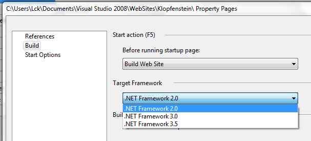 Setting the target in the Visual Web Developer project properties